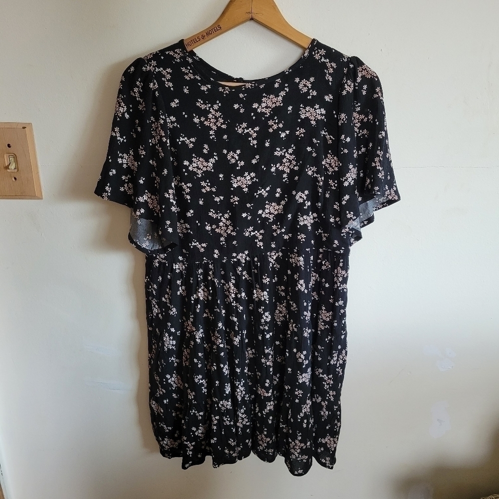 Abercrombie & Fitch Mini Dress Oversized Short Sleeve Black Pink Floral XS Extra
